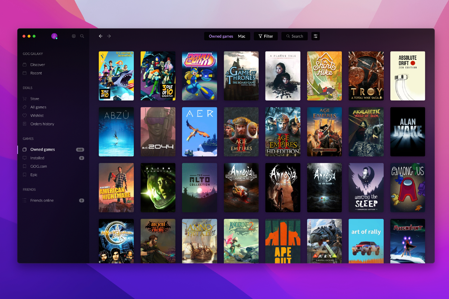 L'app Mac GOG Galaxy che mostra una libreria di giochi.