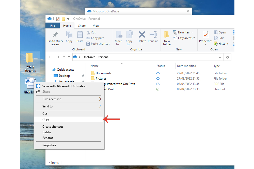 Copia y pega de un archivo y carpeta en la carpeta de Microsoft OneDrive.