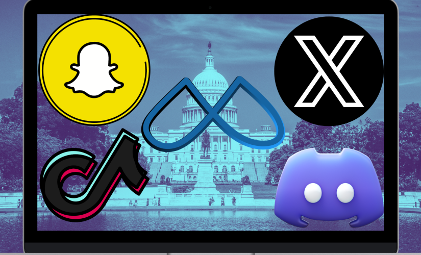 Tela de laptop com os logotipos das redes sociais Snap, TikTok, Meta, X e Discord em frente ao prédio do Senado dos EUA com tonalidade azulada