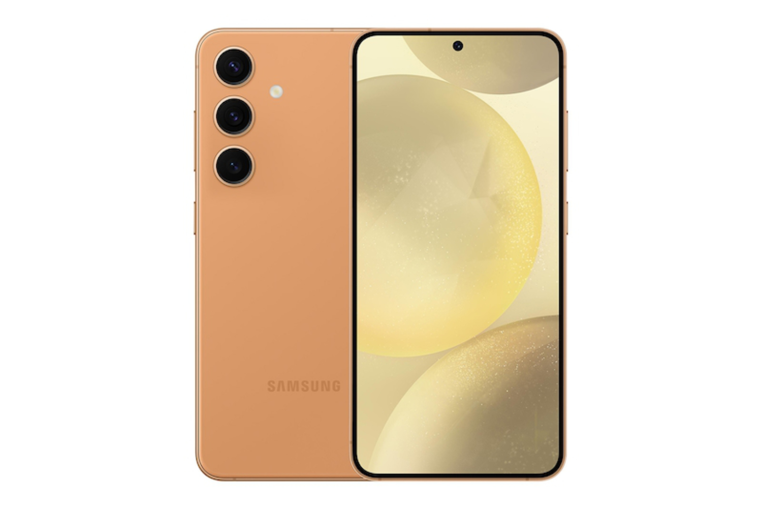Uma renderização do Samsung Galaxy S24 na cor laranja.