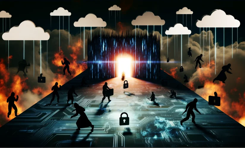 Abstract depiction of the digital realm under threat, with shadowy figures targeting a glowing digital fortress symbolizing cloud intrusions, identity theft, and AI-driven attacks, highlighting the resilience of cyber defenses.