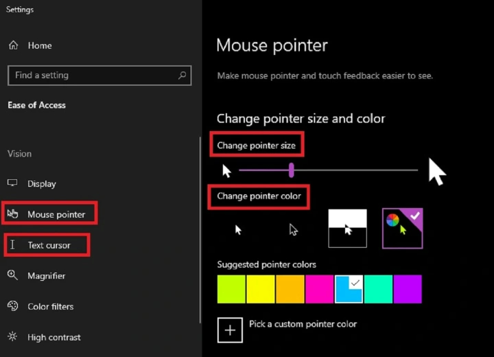 Configurações do ponteiro do mouse no Windows 10
