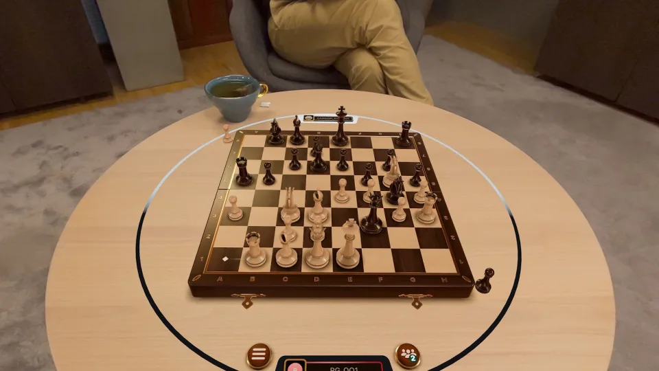 Изображение игровой комнаты на VisionOS. Виртуальная шахматная доска настоящем столе в реальной обстановке с соперником напротив.