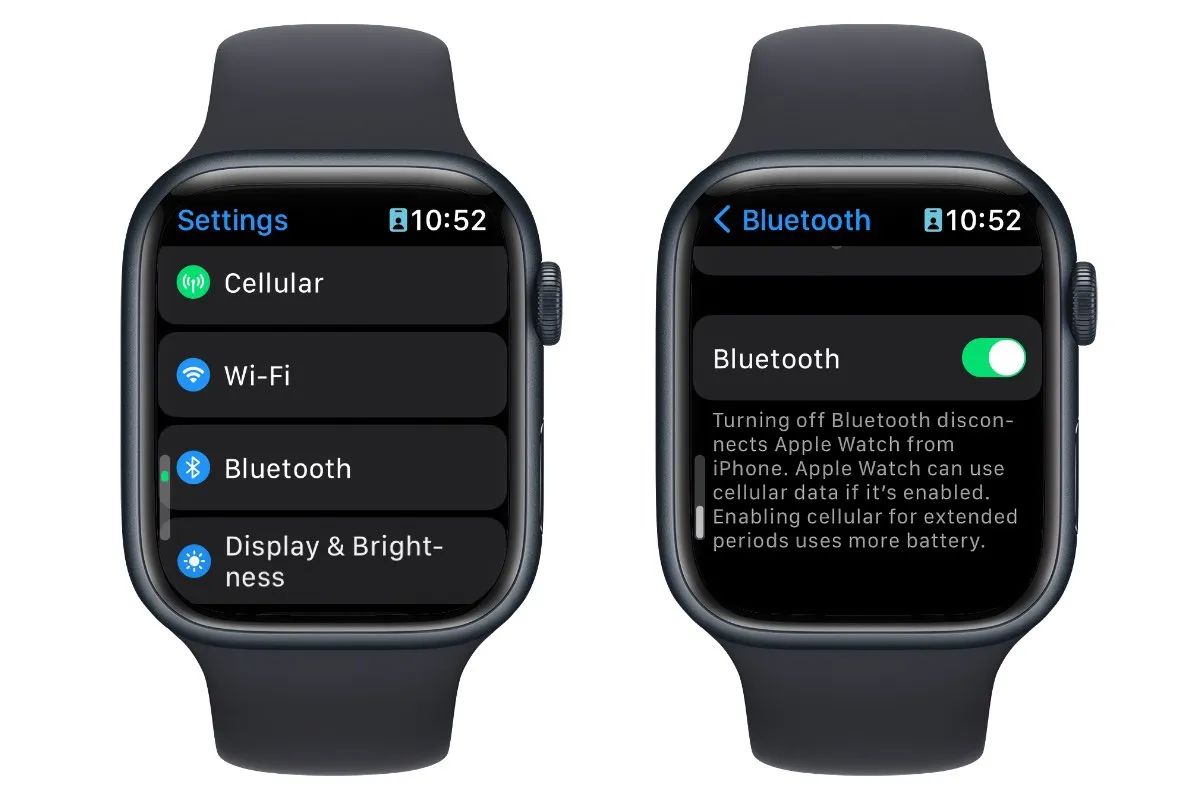 Dois Apple Watches mostrando as telas de configurações do Bluetooth.