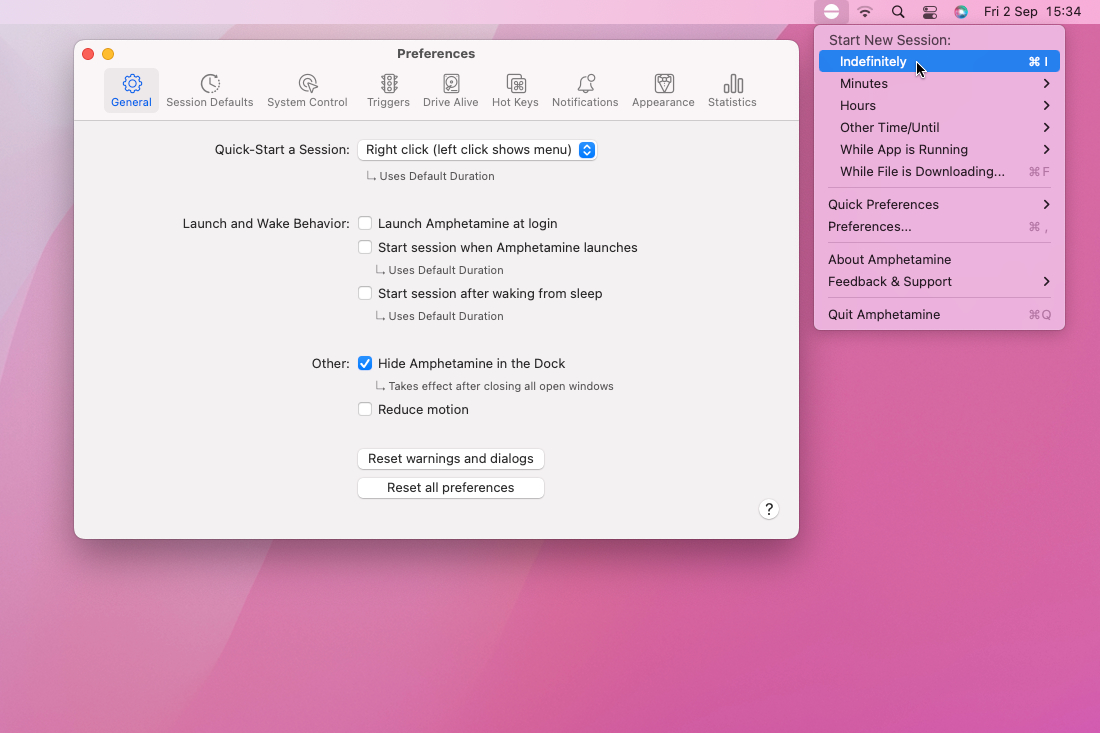 O aplicativo Mac Amphetamine mostrando seus itens de barra de menu e janela de preferências.