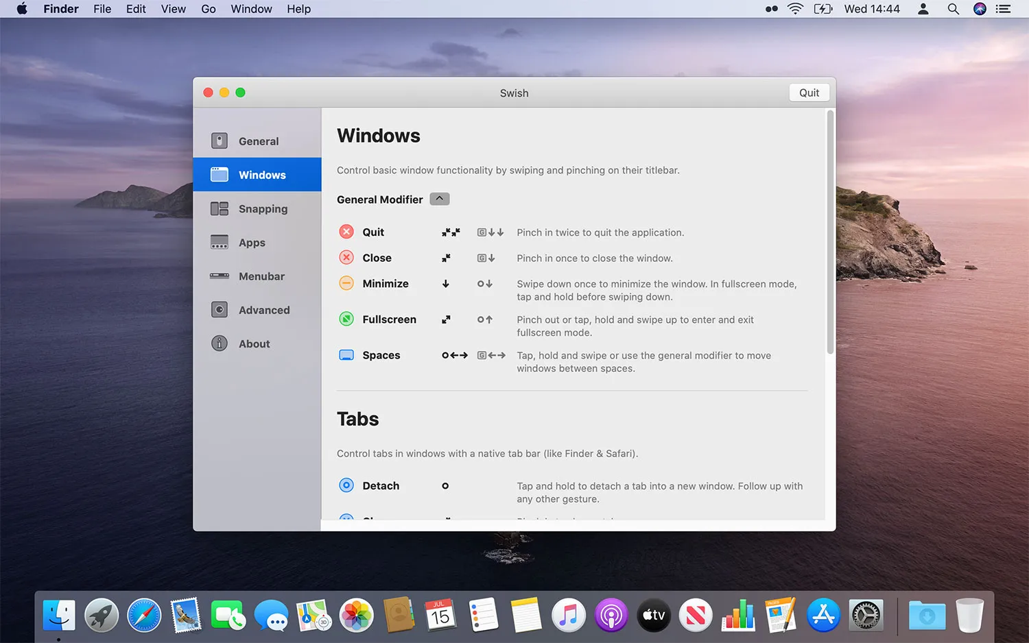 macOS上Swish应用程序的选项，可让您在触控板上滑动或手势执行各种操作。