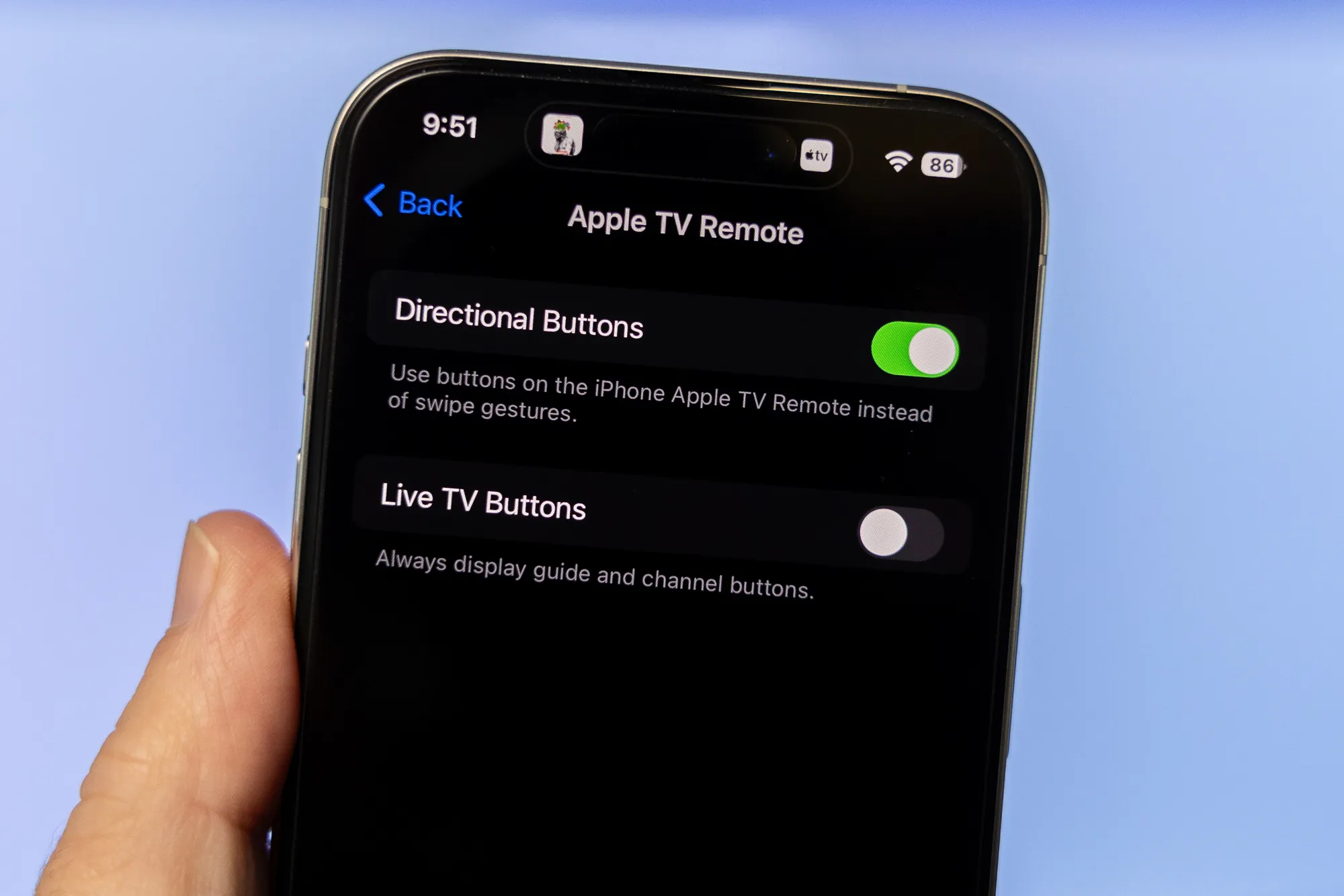 As configurações para o aplicativo de controle remoto da Apple TV em um iPhone