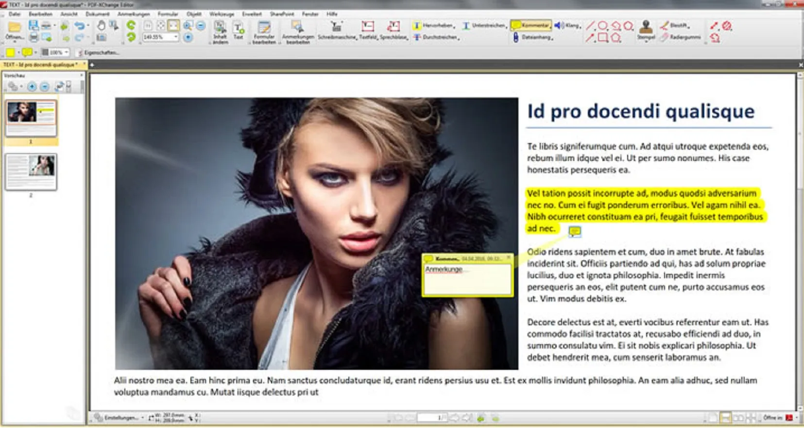 Una captura de pantalla de la aplicación de escritorio PDF-XChange Editor de su desarrollador que muestra un documento PDF que presenta una foto de una mujer