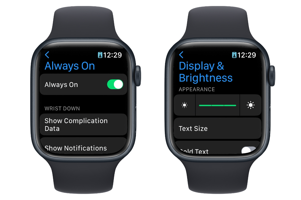 Dois Apple Watches mostrando configurações para Always on Display e controles de brilho.