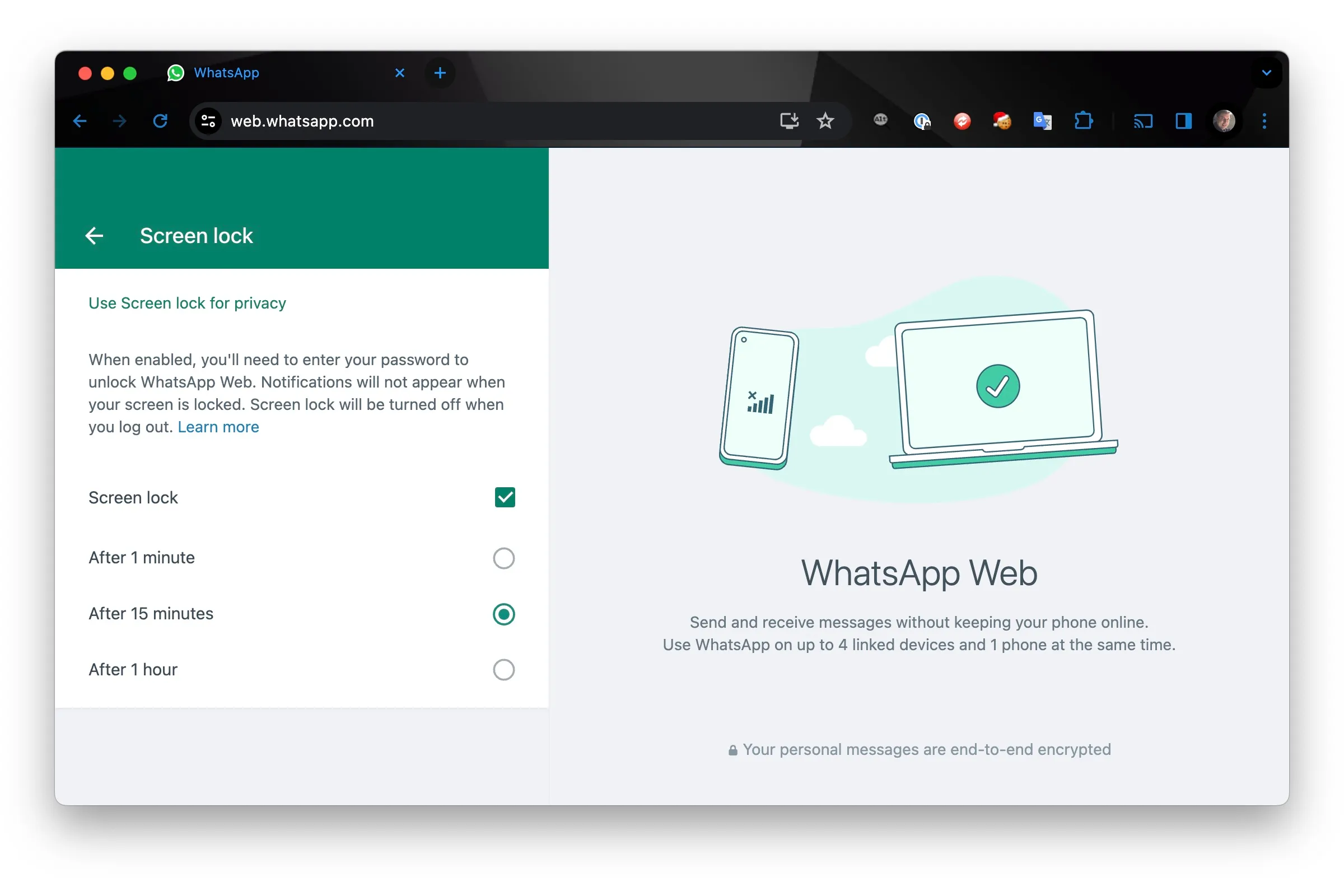 Impostazioni blocco schermo di WhatsApp Web in Chrome