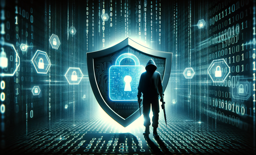 Concepto de seguridad digital con un escudo contra el código binario con la silueta de un hacker, que representa el ciberataque a la Junta de Control de Juegos de Nevada.