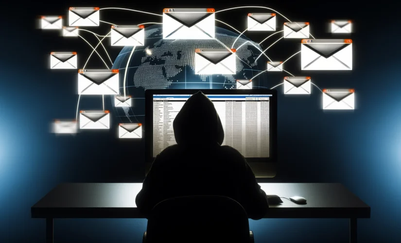 Imagem: Figura sombria na frente de um computador com várias janelas de e-mail, fundo escuro com linhas digitais conectando globalmente, simbolizando o impacto da fraude por e-mail
