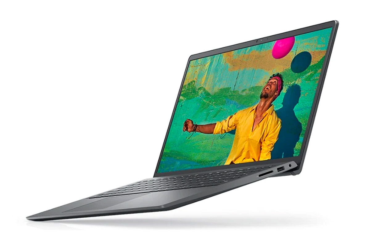 Laptop Dell Inspiron 15 3000 su sfondo bianco che mostra una scena colorata.