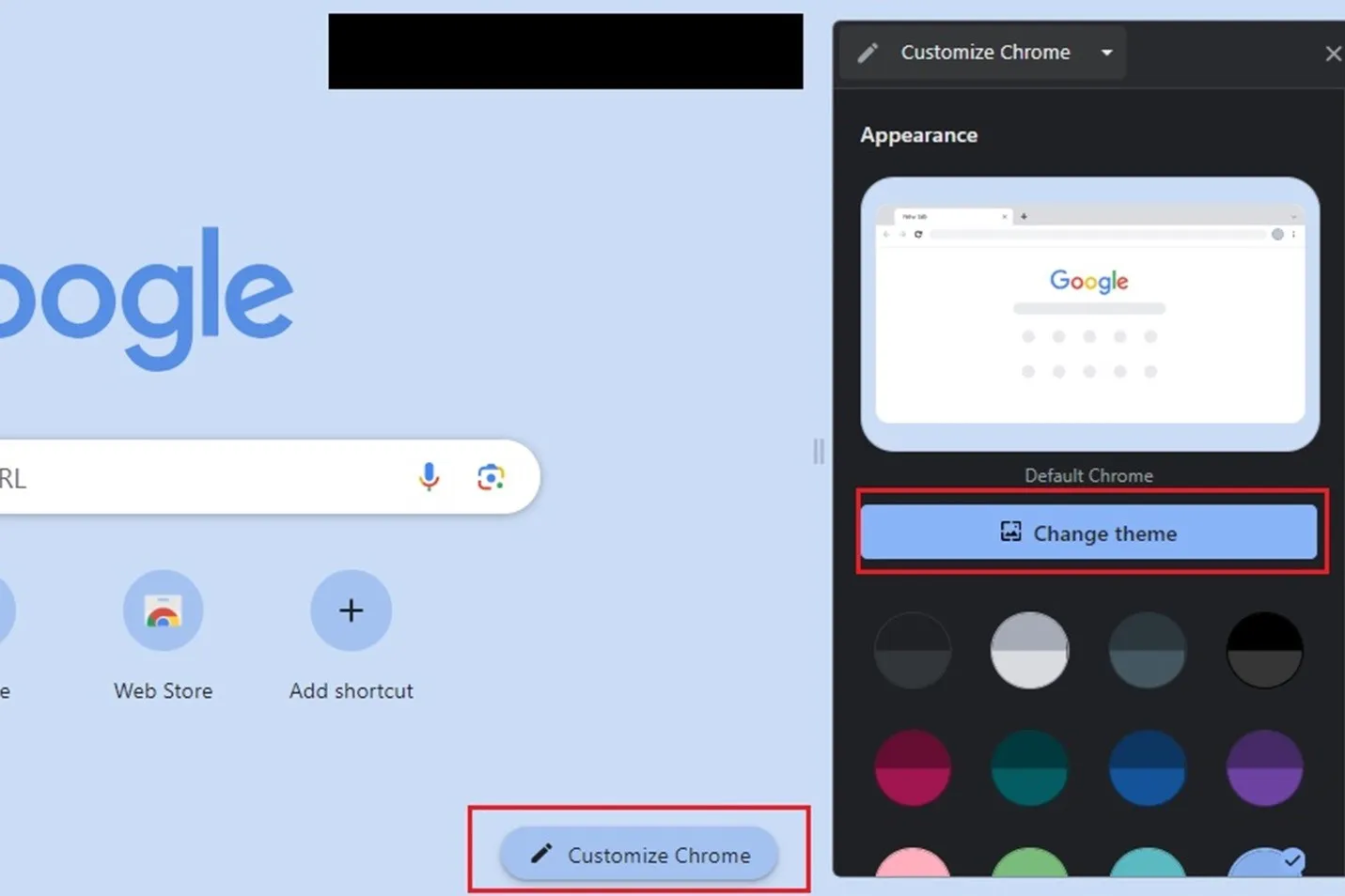Seleccionar Personalizar Chrome y luego el botón Cambiar tema.