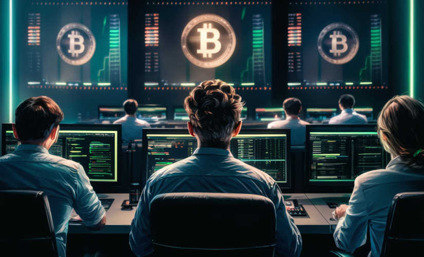 A cinematic shot of a control room where three people intently gaze at their screens, displaying cryptocurrency icons and trading data.