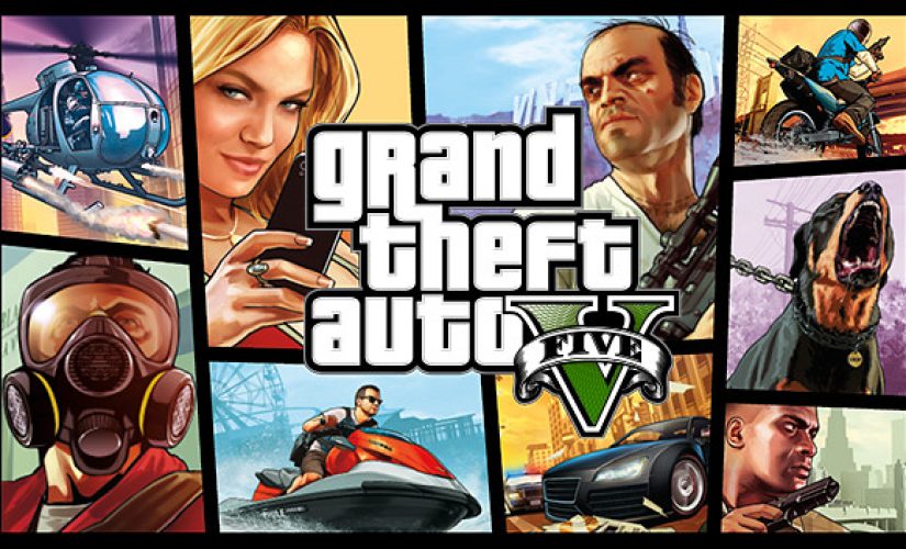 A title card image of GTA 5 featuring a collage of characters and scenes from the hit video game