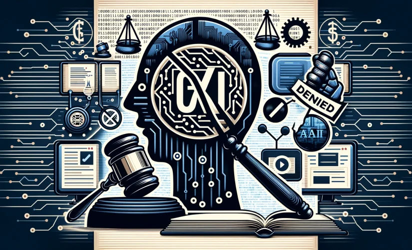 Imagem que representa o termo 'GPT' riscado no meio de símbolos de documentos legais, um martelo de tribunal e uma tela de computador com código de IA, simbolizando os desafios legais em torno do registro de marcas de termos comuns da indústria de IA.