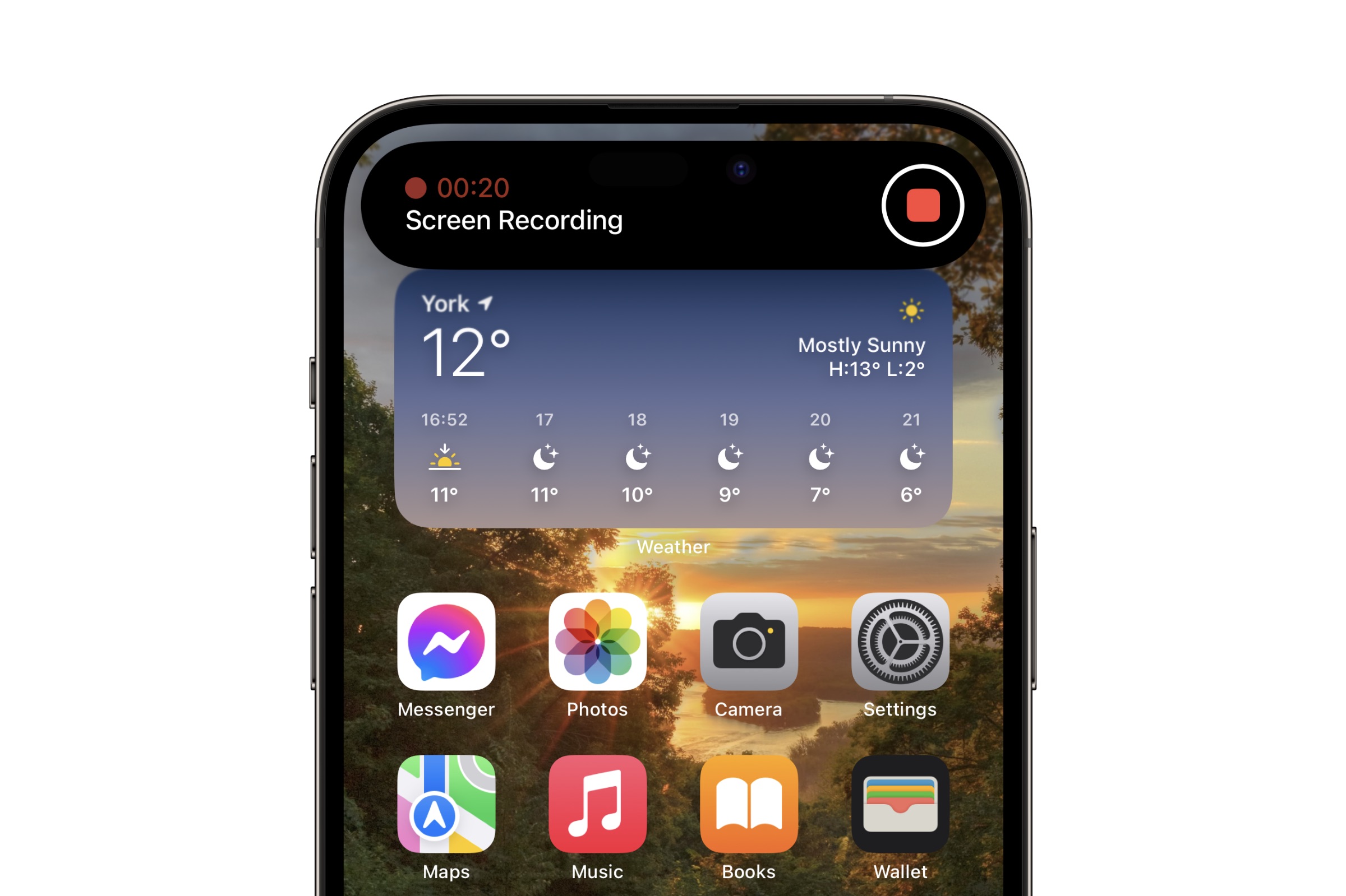 iPhone showing home screen with screen recording controls in Dynamic Island.