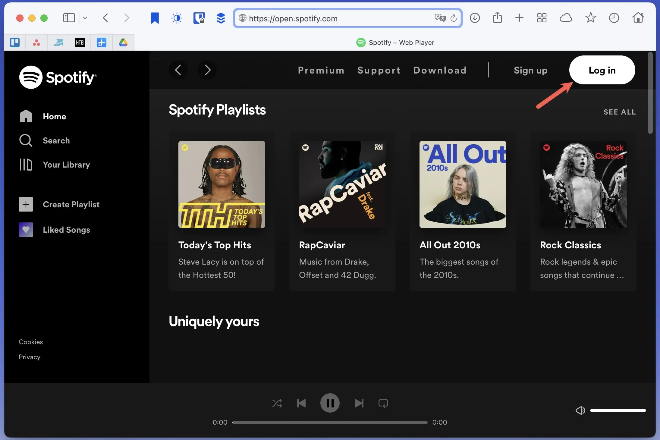 Экран входа в веб-плеер Spotify.