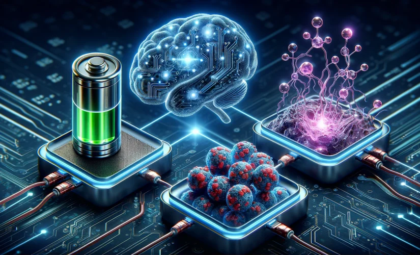 Orbital Materials utiliza IA para crear materiales respetuosos con el clima. Cerebro de IA junto a batería, aminoácidos y estructura de carbono.