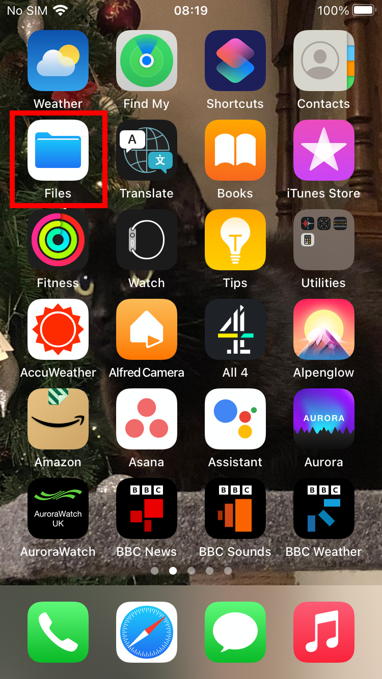 La schermata principale dell'iPhone. L'app Files è evidenziata con un riquadro rosso.