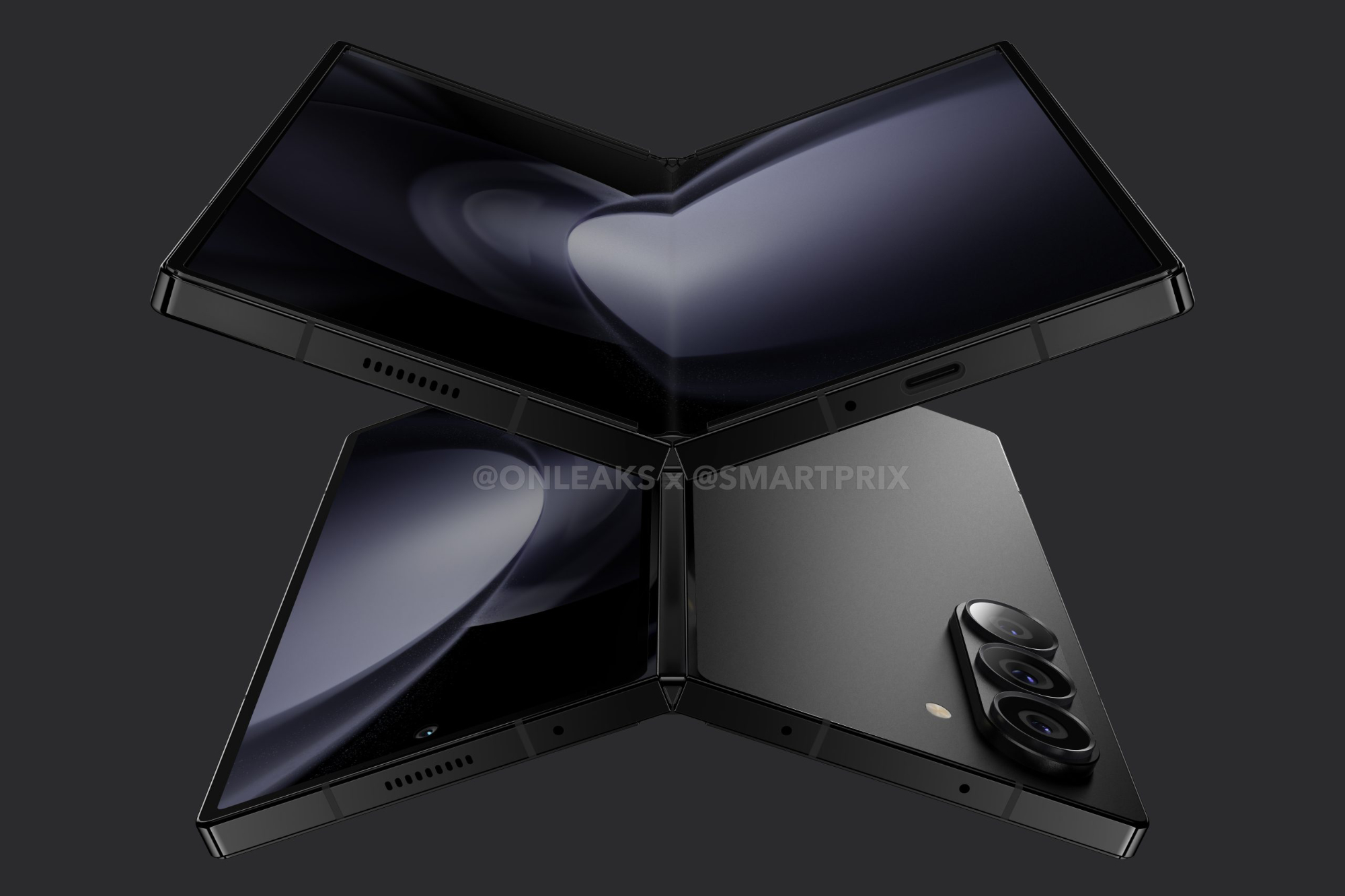 Renders del Samsung Galaxy Z Fold 6, mostrando il fronte e il retro del telefono.