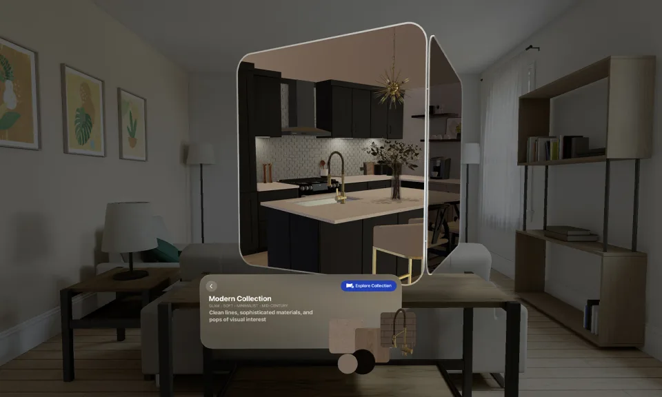 Imagem do aplicativo da Lowe's no VisionOS. Uma janela mostrando uma pia em uma sala de estar flutua em uma janela 3D, com uma sala de estar real visível ao fundo.