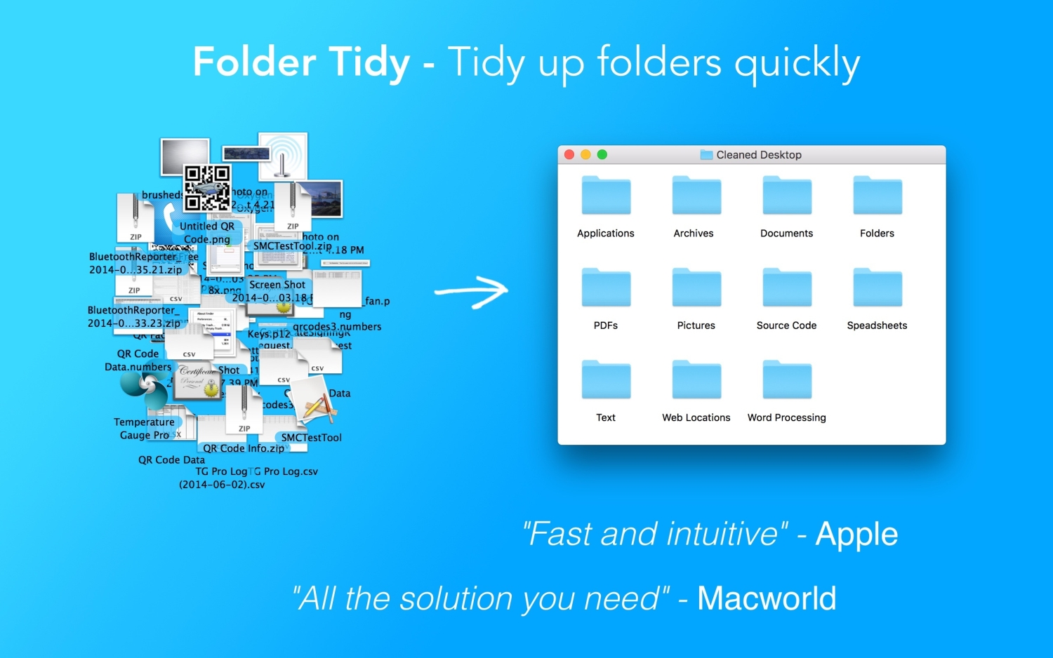 Un'immagine promozionale per l'app Mac Folder Tidy che mostra le sue capacità.
