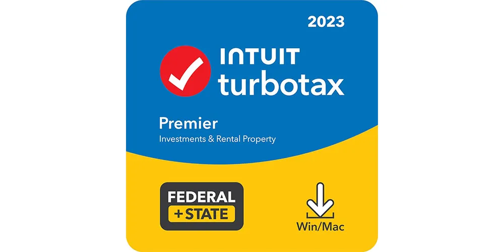 TurboTax Premier 2023 su sfondo bianco.