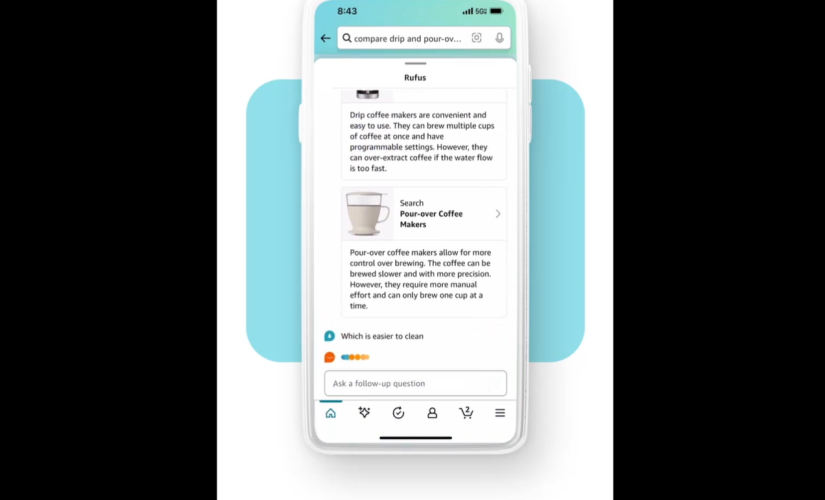 Снимок экрана, на котором показывается мобильный телефон с открытым приложением Amazon и используется искусственный интеллект Руфус для помощи в выборе товаров