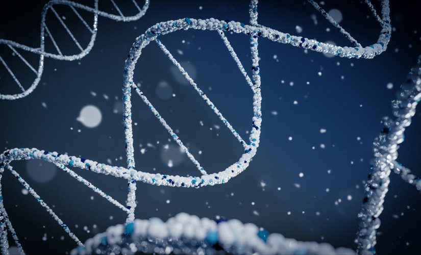 Un filamento di DNA blu e bianco
