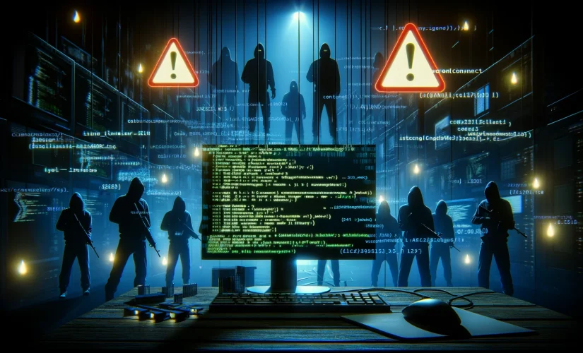 Escena de violación de seguridad digital con una pantalla de computadora mostrando código y un cartel de advertencia, figuras sombrías en el fondo explotan una vulnerabilidad, resaltando la urgencia de la amenaza de ciberseguridad.