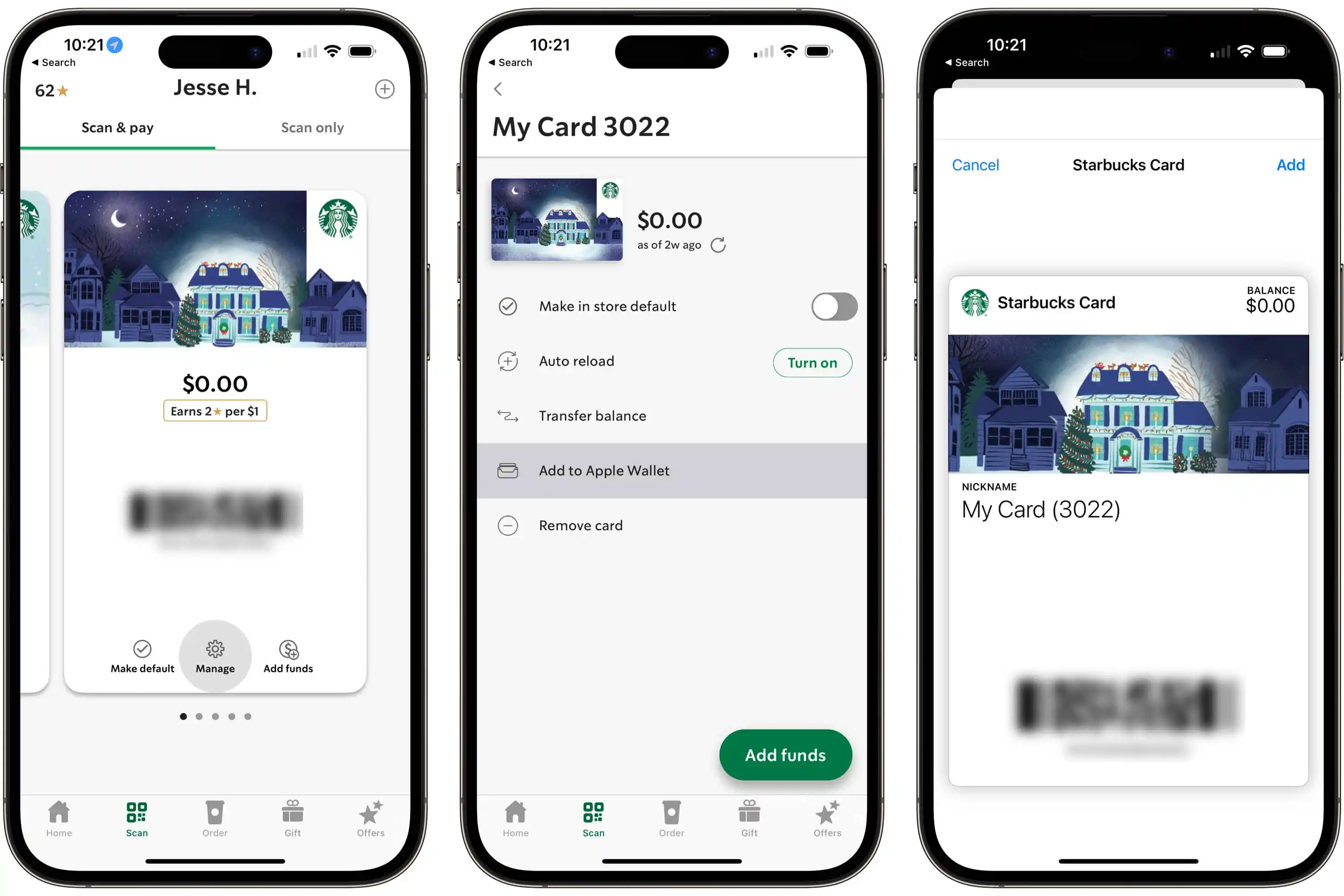 Tre iPhone che mostrano i passaggi per aggiungere la carta di Starbucks ad Apple Wallet.