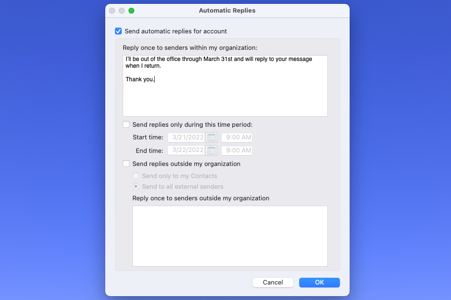 Автоматические ответы в Outlook на Mac