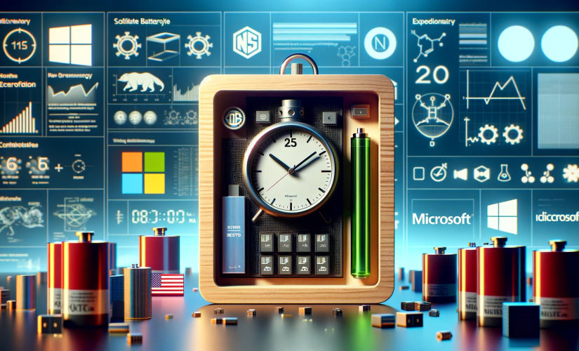 Orologio digitale in custodia di legno, simbolo dell'innovazione delle batterie di Microsoft e PNNL con loghi sullo sfondo.