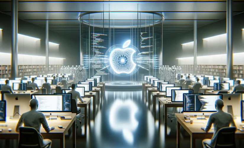 Современная лаборатория разработки Apple с разработчиками за компьютерами и большим прозрачным дисплеем, на котором отображается код ИИ, освещенный излучением экранов и логотипом Apple.