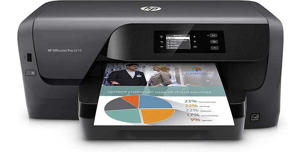 在白色背景上的HP OfficeJet Pro 8210无线彩色打印机。