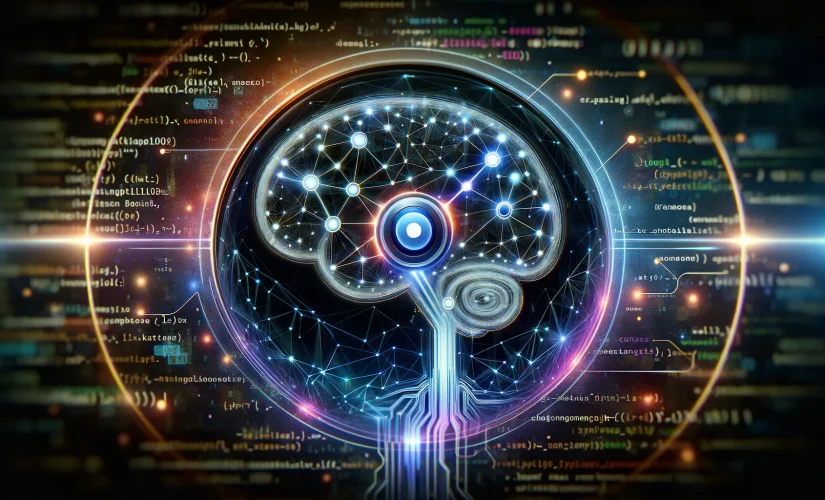 Cérebro digital com nós interconectados simbolizando a nova função de memória do ChatGPT, sobreposto a um fundo de código e padrões humanos com o logotipo transparente do ChatGPT.