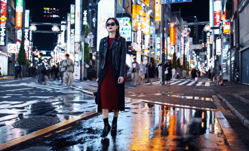 Sora AI生成的一段AI生成的视频截图。一名穿着红裙子、顶着皮夹克和黑色眼镜的女士自信地在一条繁忙而明亮的街道上走来走去，这条街道看起来像东京。背景中有人来人往，还有许多霓虹灯牌。