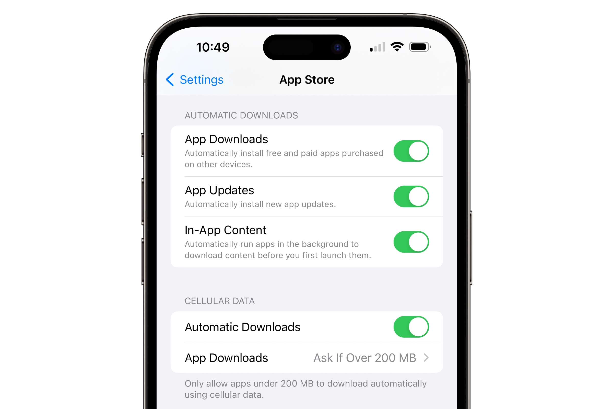 iPhone che mostra le Impostazioni di Download Automatico delle App.
