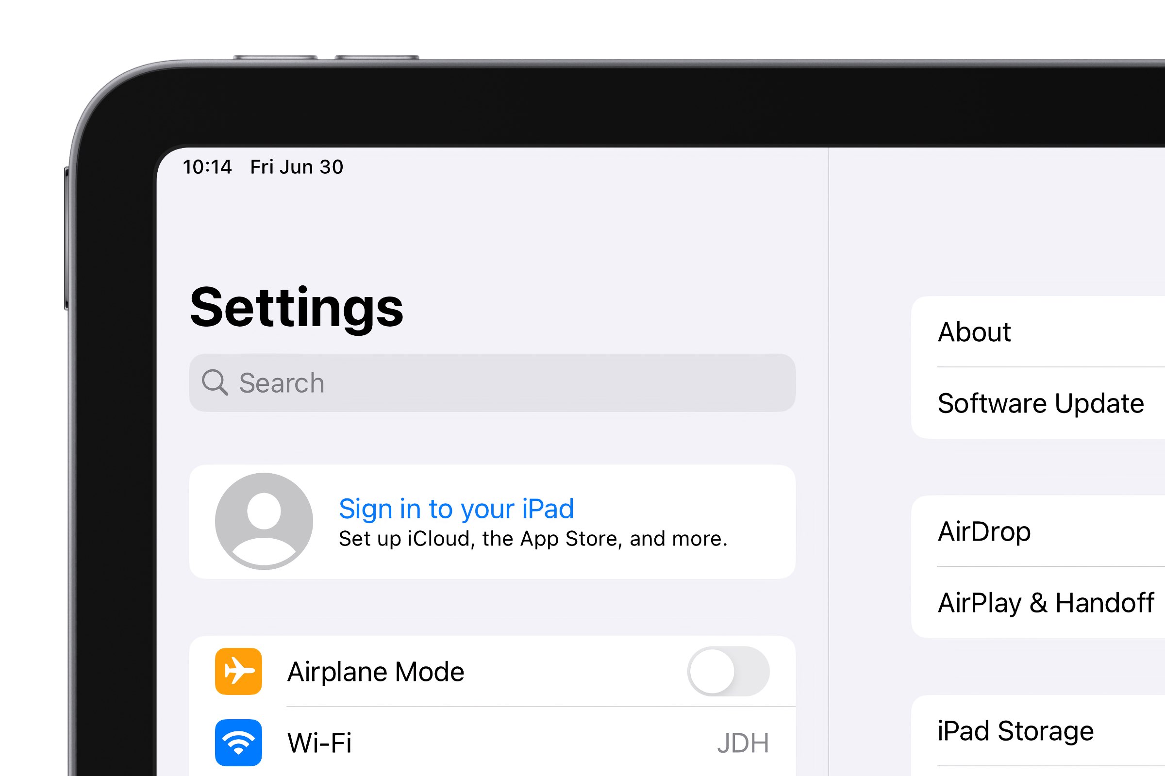 iPad che mostra l'angolo in alto dello schermo delle impostazioni senza utente registrato su iCloud.