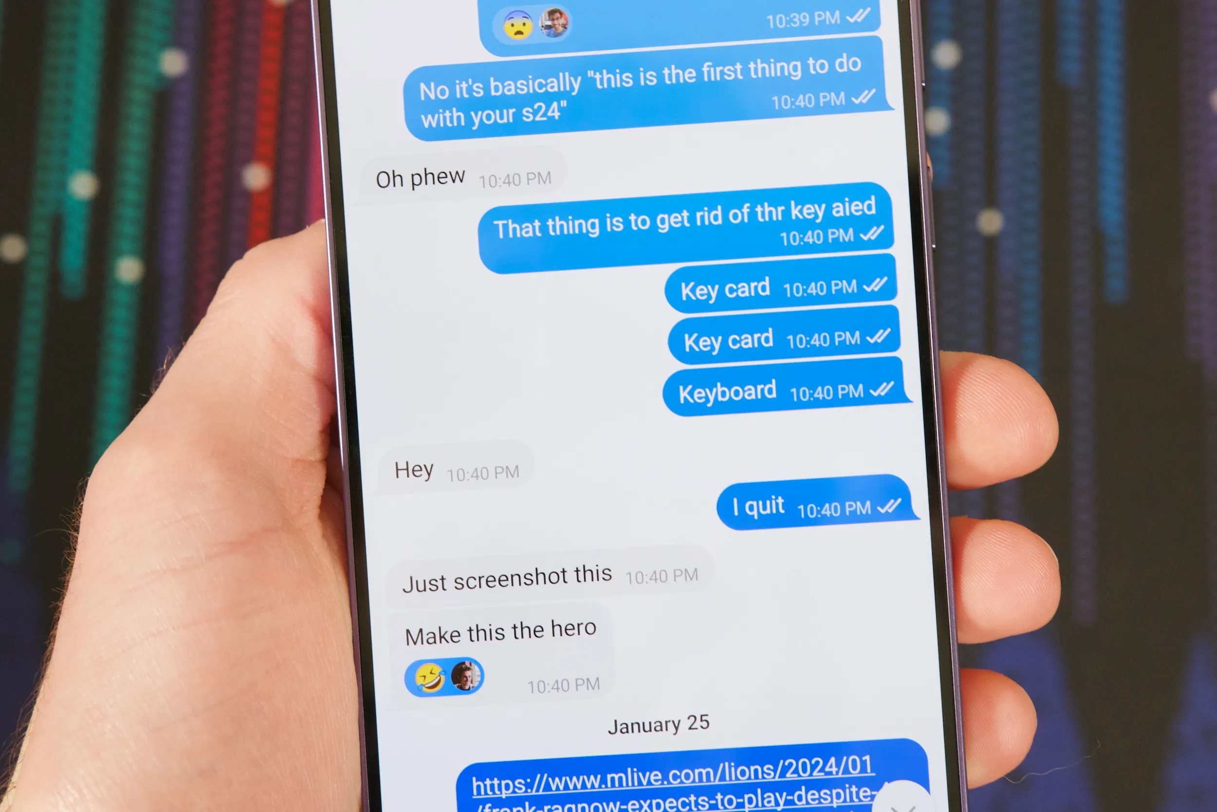 Telegram conversation on Galaxy S24 Plus with typos