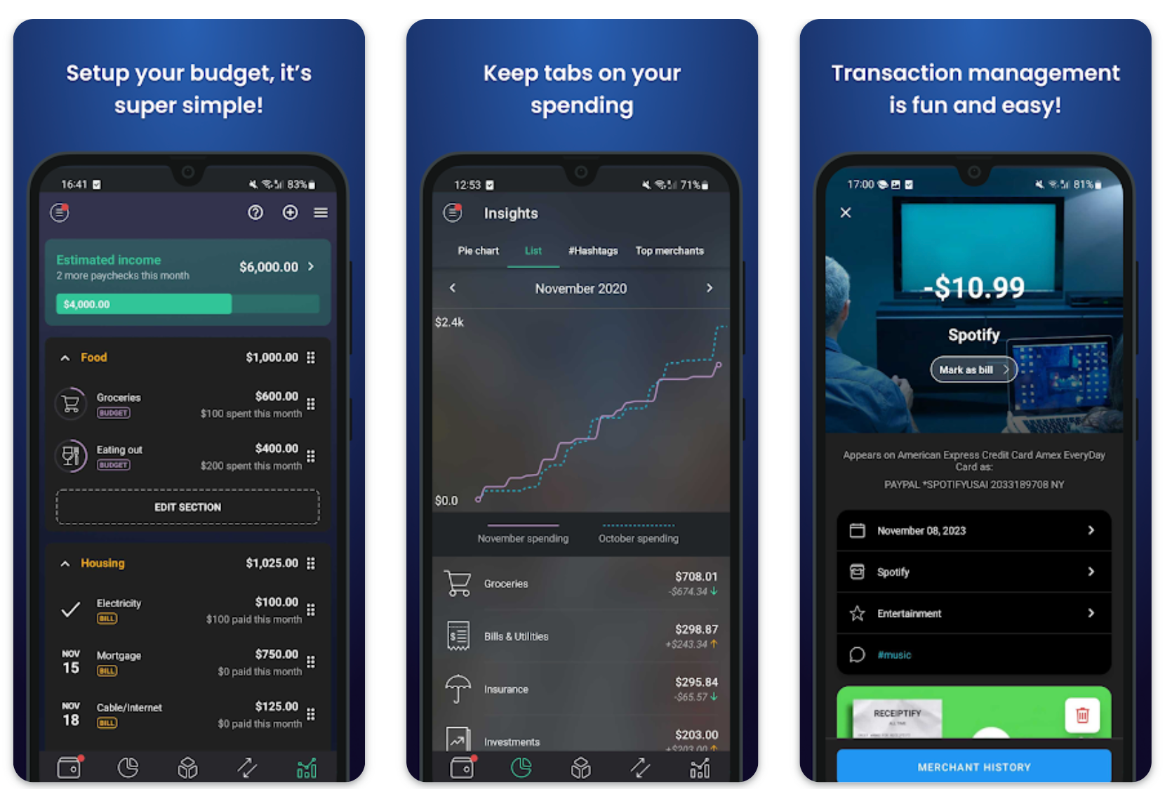 Tre screenshot dell'app PocketGuard