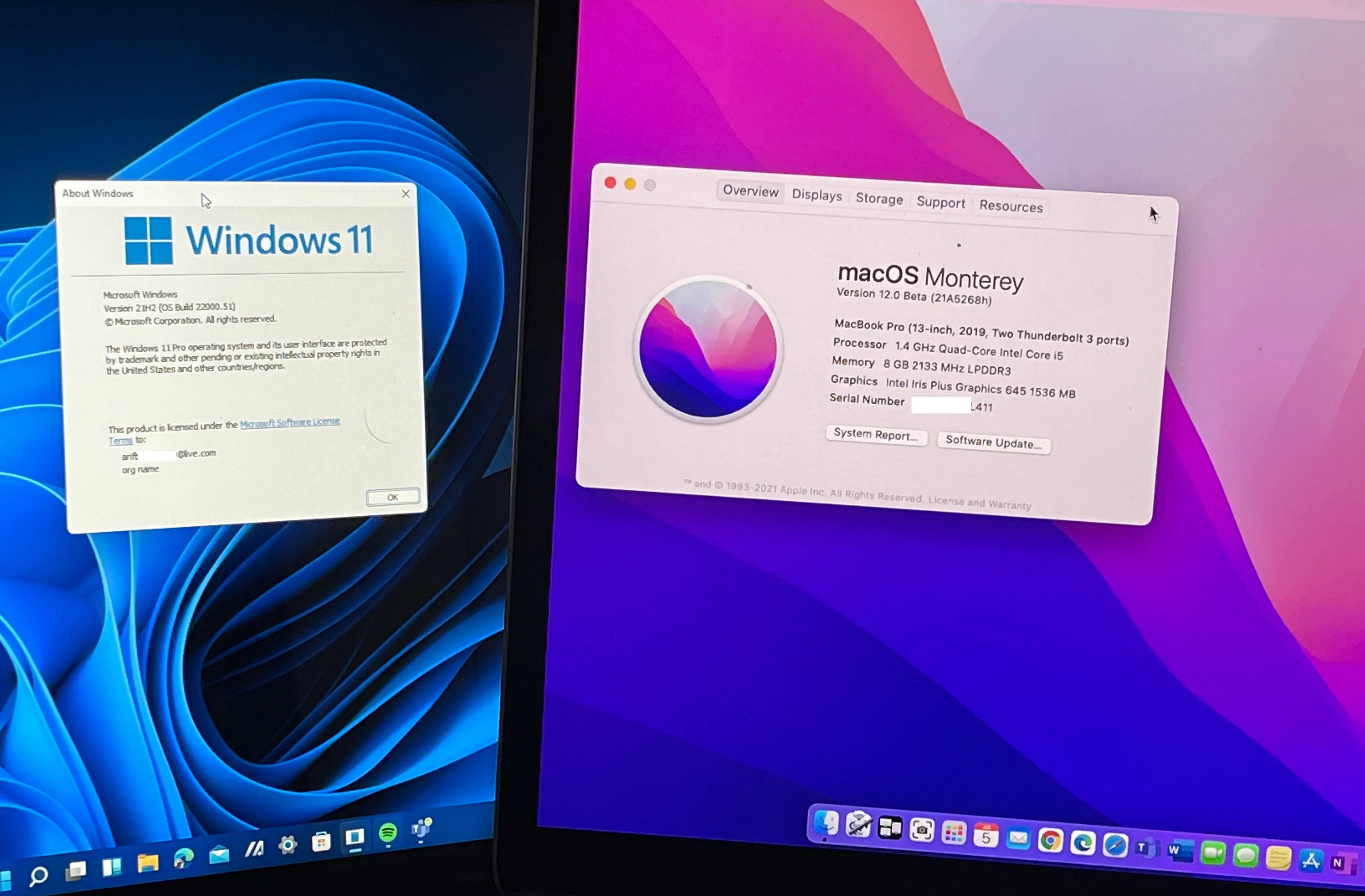 Las páginas de Acerca de MacOS Monterey y Windows 11 una al lado de la otra