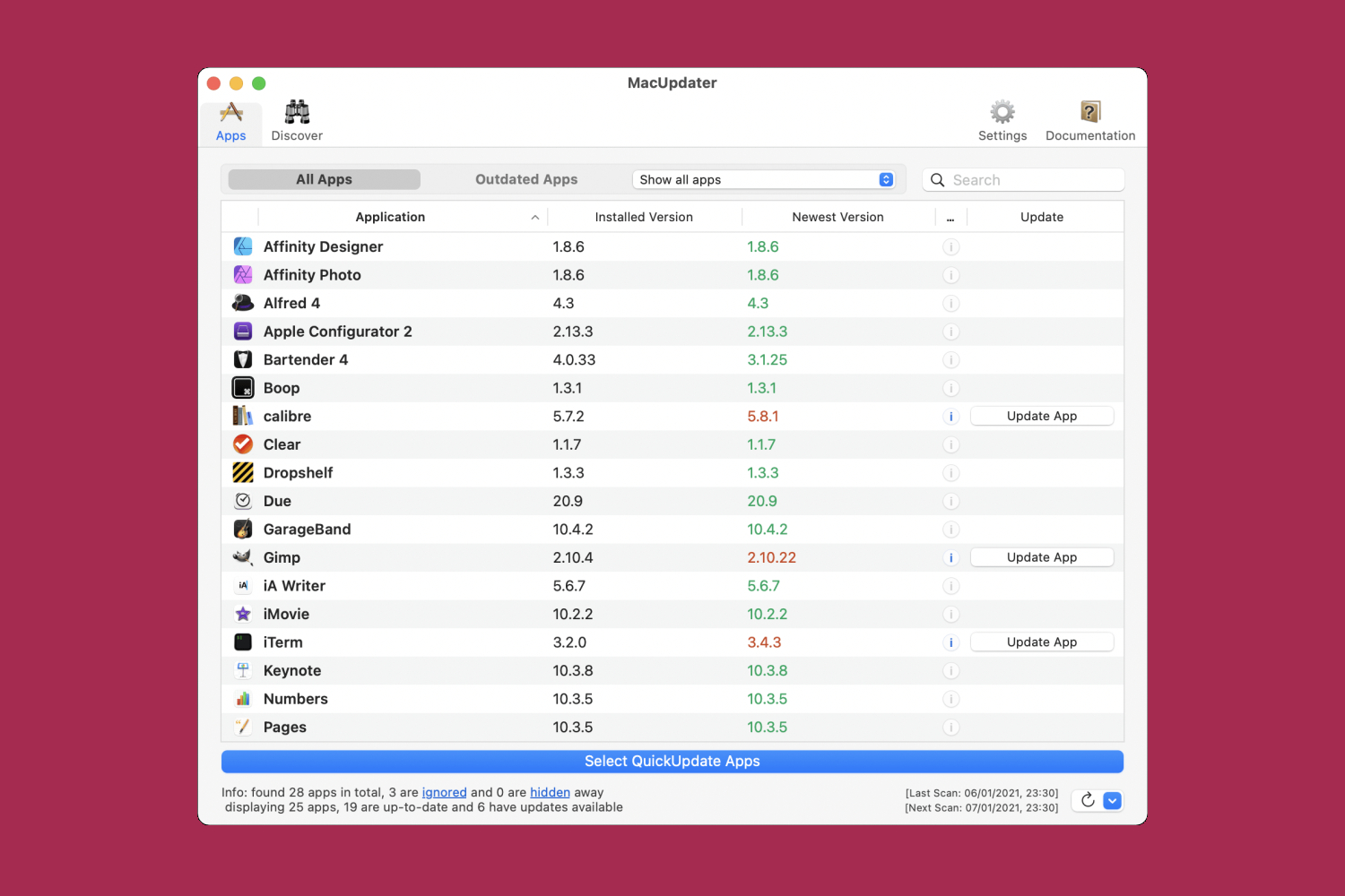 O aplicativo MacUpdater Mac mostrando sua tela principal, com aplicativos prontos para serem atualizados.