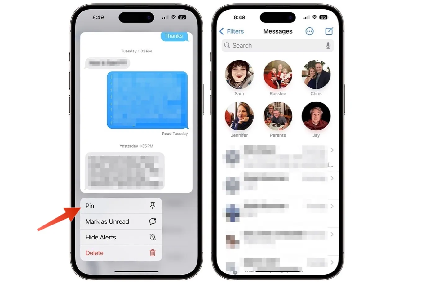 Captura de tela mostrando mensagens fixadas no iPhone.