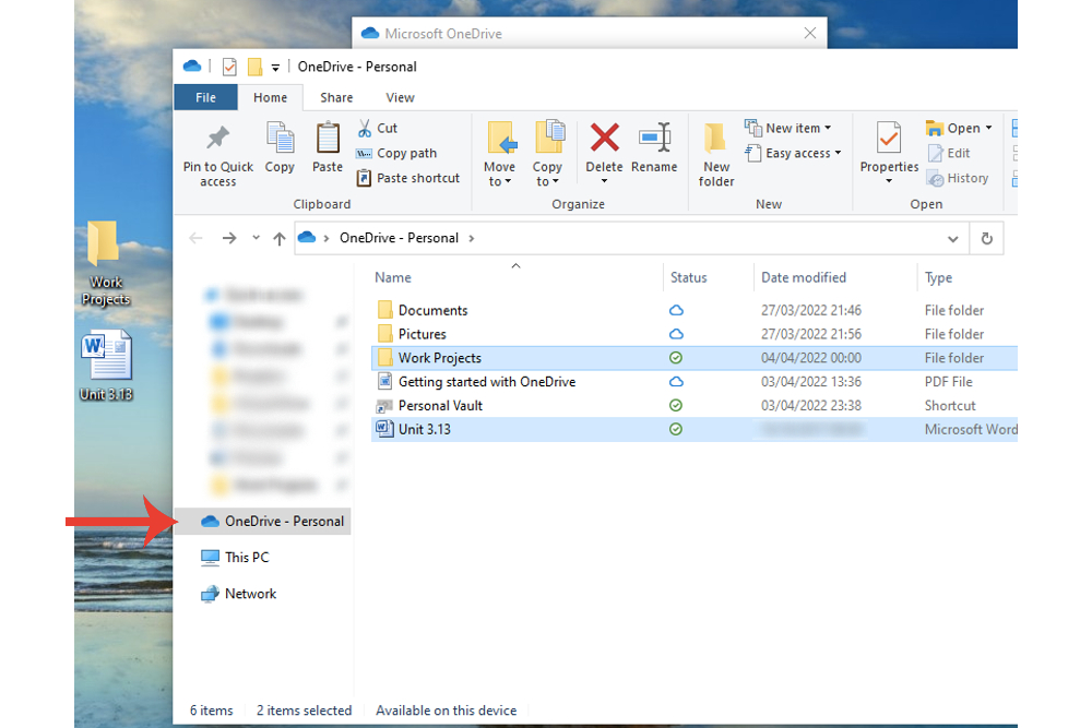La opción de carpeta OneDrive en el Explorador de Archivos en Windows 10.
