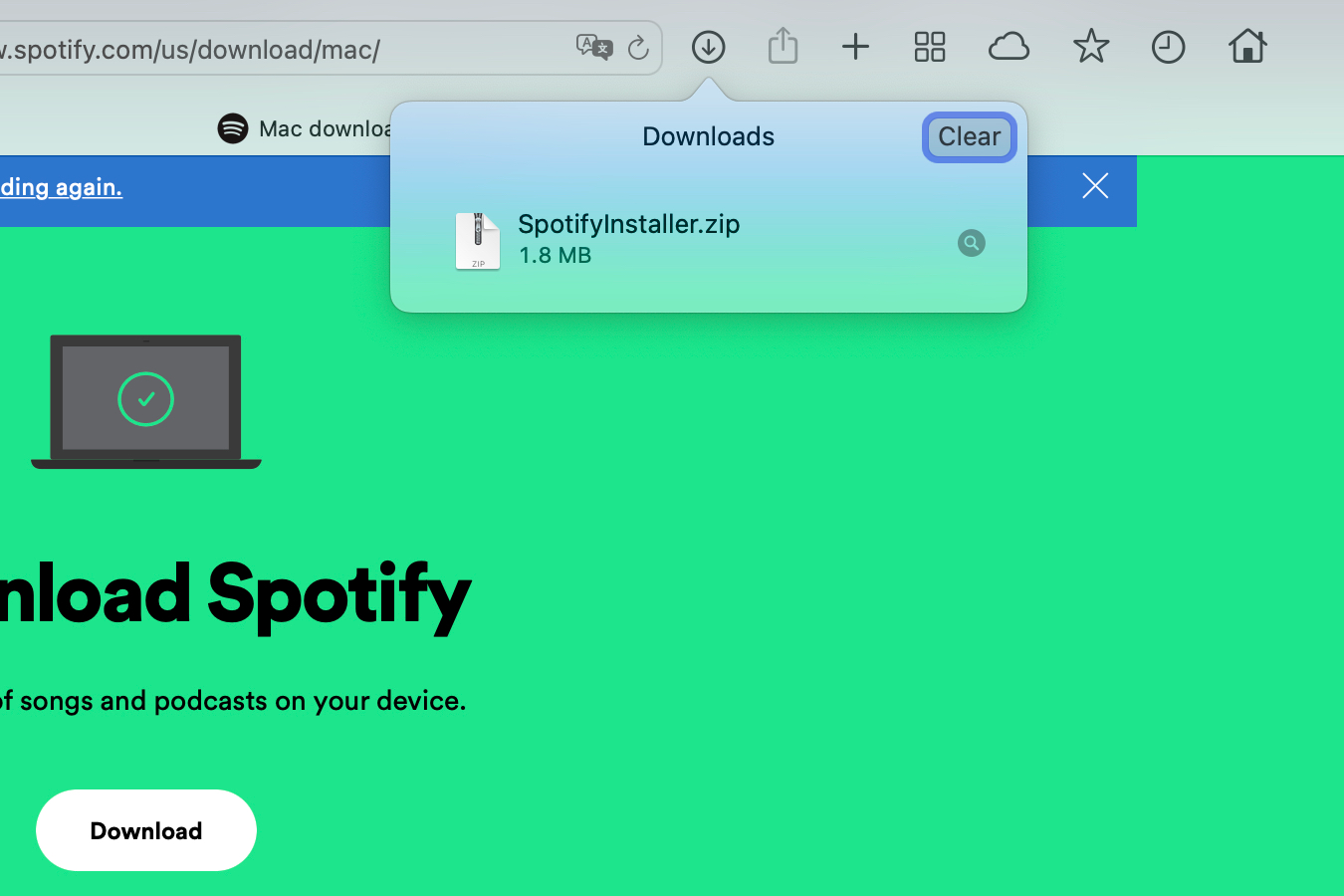 Ficheiro ZIP do Spotify na pasta de descarregamentos do Safari.