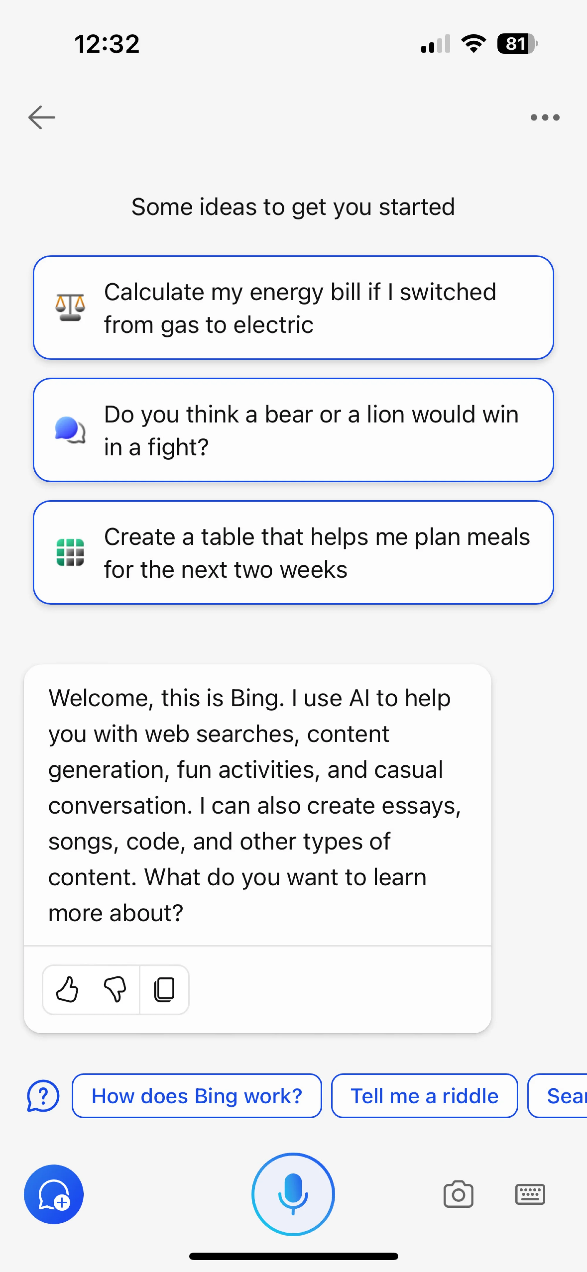 Pantalla de inicio de la aplicación Bing Chat en iOS