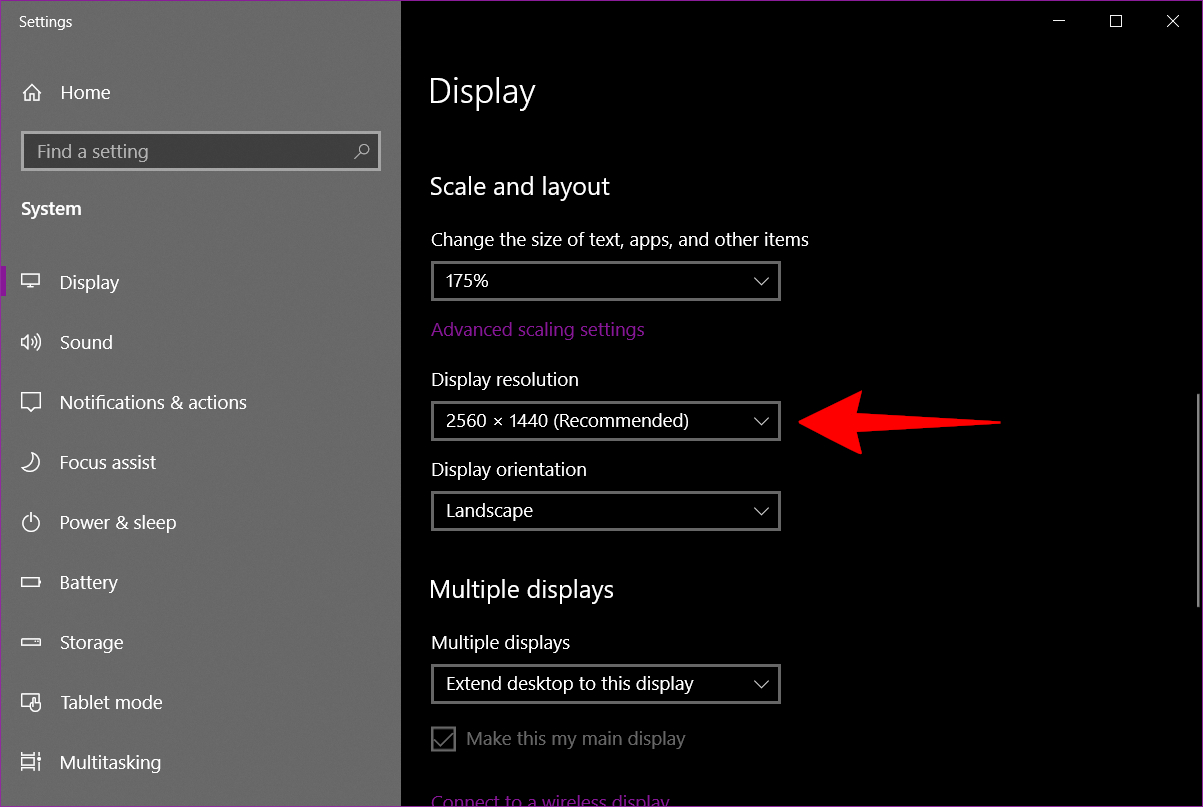 Экран Изменения разрешения дисплея в Windows 10.